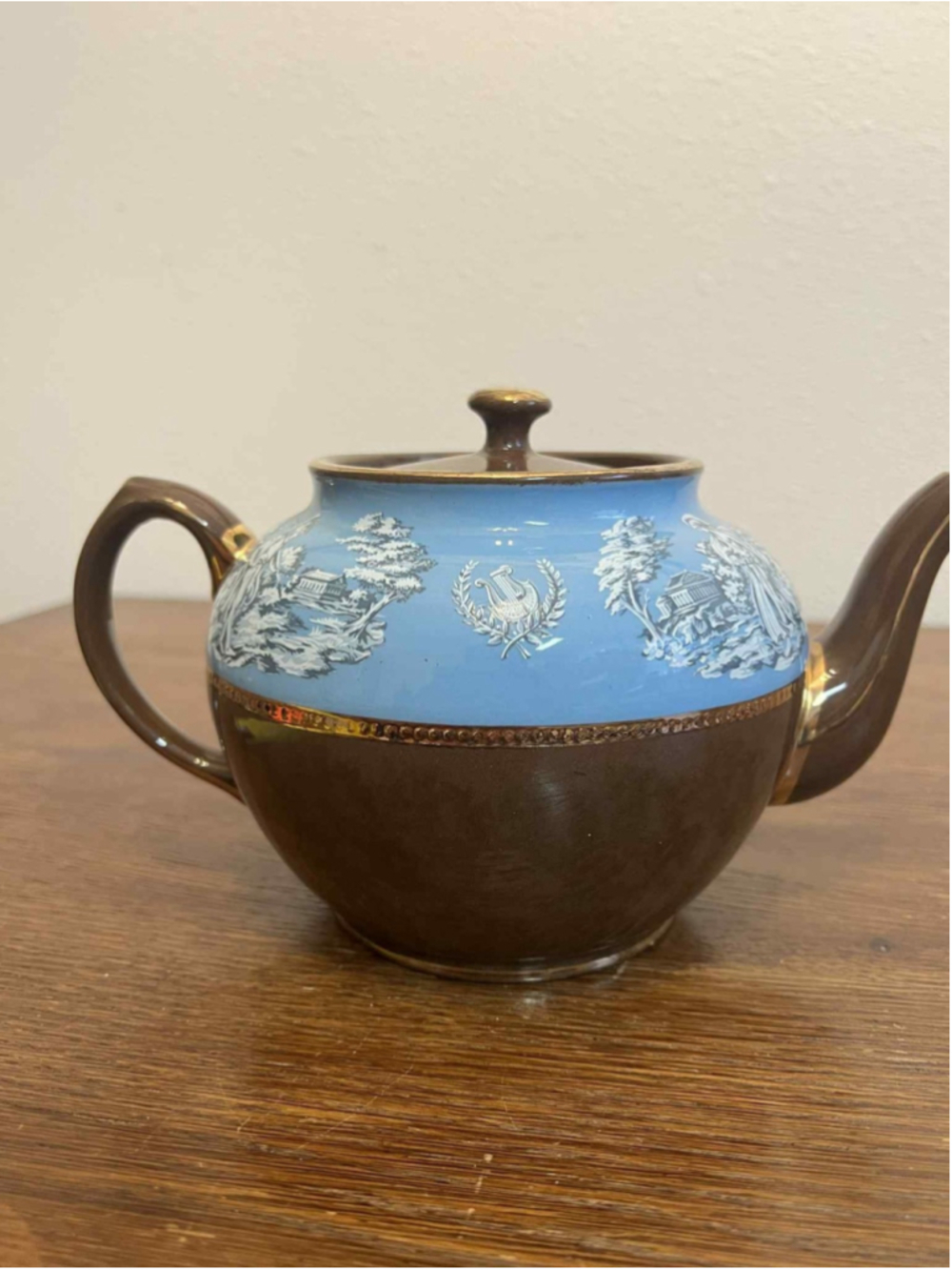 Vintage Blue & Brown Ceramic Teapot Gilt Trim Classical Scene Band Handwritten